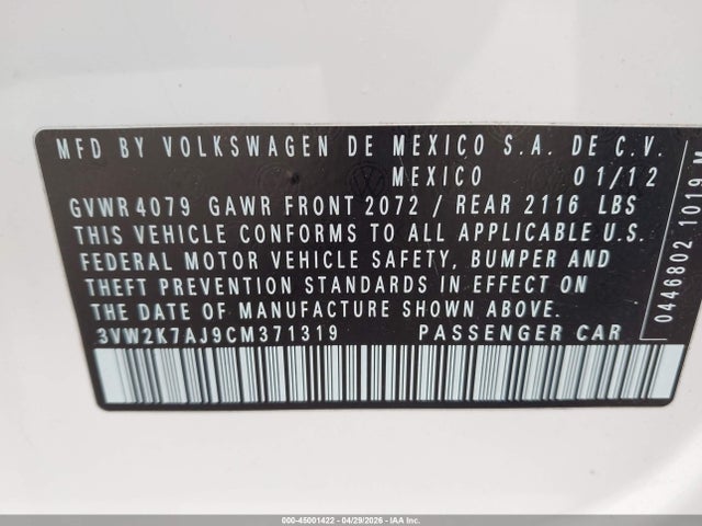 Продаж на аукціоні авто 2012 Volkswagen Jetta 2.0l S, vin: 3VW2K7AJ9CM371319, номер лоту: 45001422
