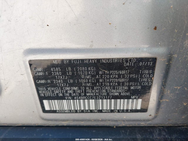 45001426 :رقم المزاد ، 4S4BRCCC7E3213177 vin ، 2014 Subaru Outback 2.5i Premium مزاد بيع