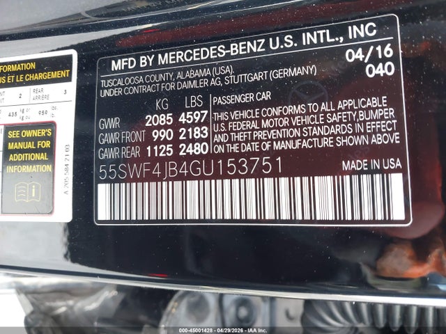 Aukcja sprzedaży 2016 Mercedes-benz C 300 Sport, vin: 55SWF4JB4GU153751, numer aukcji: 45001428