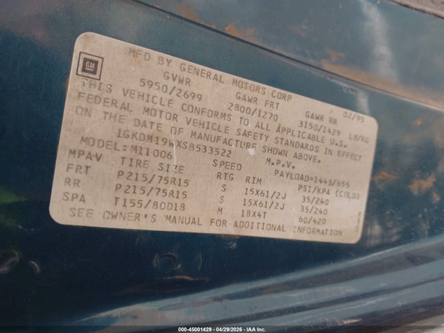 Продаж на аукціоні авто 1995 Gmc Safari Xt, vin: 1GKDM19WXSB533522, номер лоту: 45001429