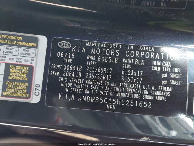 KNDMB5C15H6251652 KIA SEDONA LX