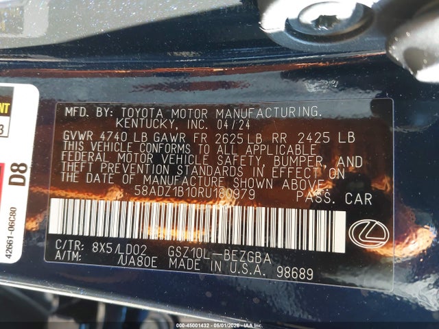 45001432 :رقم المزاد ، 58ADZ1B10RU180979 vin ، 2024 Lexus Es 350 مزاد بيع