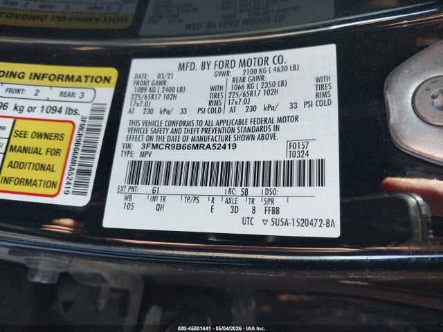 Aukcja sprzedaży 2021 Ford Bronco Sport Big Bend, vin: 3FMCR9B66MRA52419, numer aukcji: 45001441