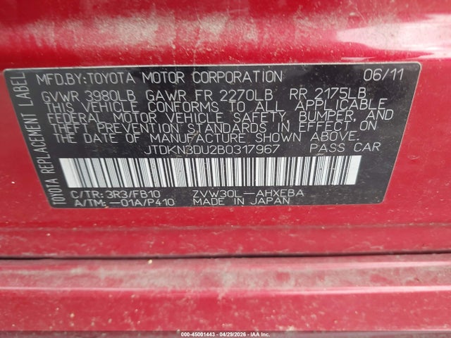 Aukcja sprzedaży 2011 Toyota Prius Three, vin: JTDKN3DU2B0317967, numer aukcji: 45001443