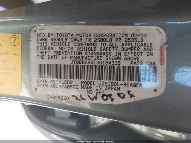 45001450 :رقم المزاد ، JT8BD69S130184338 vin ، 2003 Lexus Gs 300 مزاد بيع