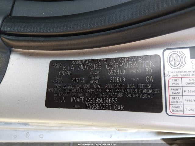 Продаж на аукціоні авто 2009 Kia Spectra Ex, vin: KNAFE222695614683, номер лоту: 45001453
