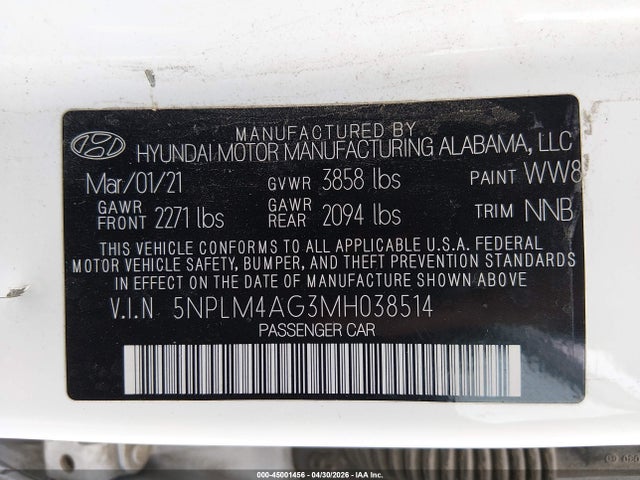 45001456 :رقم المزاد ، 5NPLM4AG3MH038514 vin ، 2021 Hyundai Elantra Sel مزاد بيع