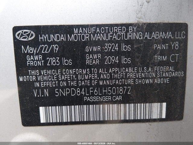 45001464 :رقم المزاد ، 5NPD84LF6LH501872 vin ، 2020 Hyundai Elantra Value Edition مزاد بيع