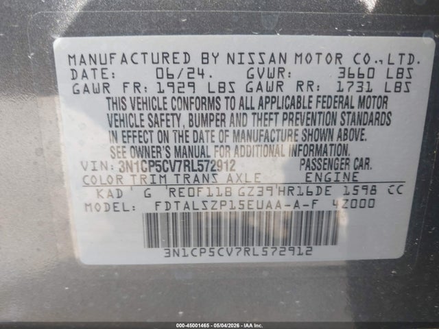 Aukcja sprzedaży 2024 Nissan Kicks Sv Xtronic Cvt, vin: 3N1CP5CV7RL572912, numer aukcji: 45001465