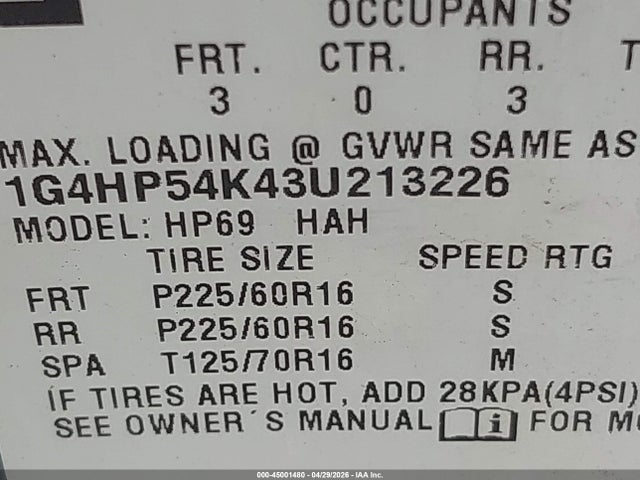 45001480 :رقم المزاد ، 1G4HP54K43U213226 vin ، 2003 Buick Lesabre Custom مزاد بيع