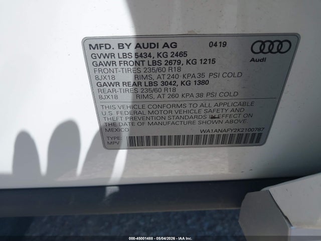 Продажа на аукционе авто 2019 Audi Q5 45 Premium, vin: WA1ANAFY2K2100787, номер лота: 45001488