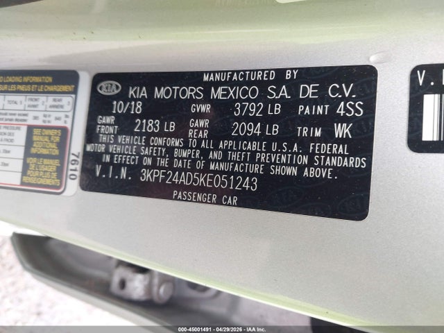 Продажа на аукционе авто 2019 Kia Forte Lxs, vin: 3KPF24AD5KE051243, номер лота: 45001491