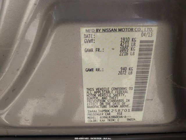 2013 Nissan Altima 2.5 S მანქანა იყიდება აუქციონზე, vin: 1N4AL3AP9DC258701, აუქციონის ნომერი: 45001493