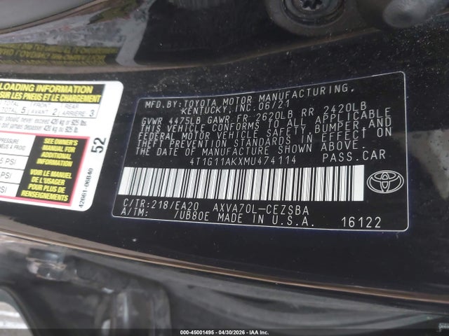 Продажа на аукционе авто 2021 Toyota Camry Se, vin: 4T1G11AKXMU474114, номер лота: 45001495