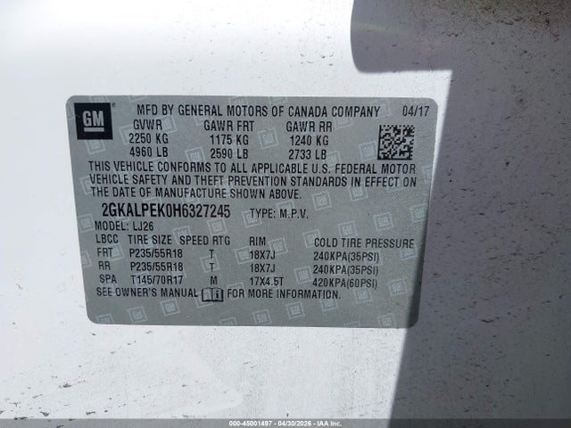 Продаж на аукціоні авто 2017 Gmc Terrain Slt, vin: 2GKALPEK0H6327245, номер лоту: 45001497