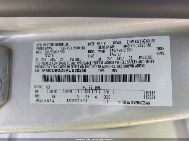 Продаж на аукціоні авто 2019 Ford Escape Se, vin: 1FMCU9GD6KUB30256, номер лоту: 45001499
