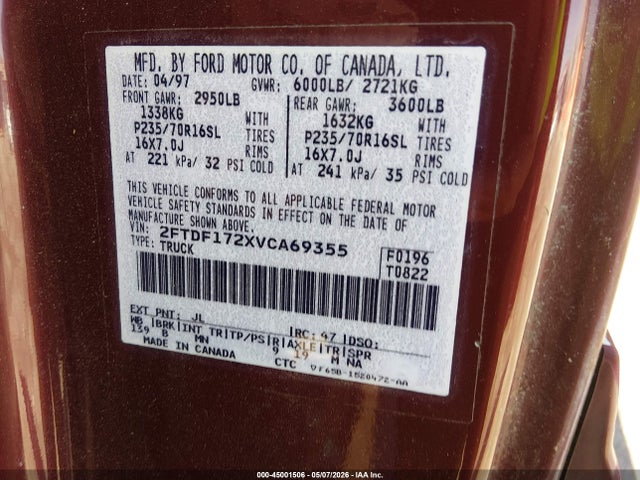 45001506 :رقم المزاد ، 2FTDF172XVCA69355 vin ، 1997 Ford F-150 Standard/xl/xlt مزاد بيع