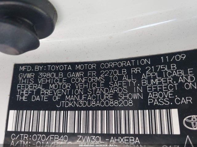 Продажа на аукционе авто 2010 Toyota Prius I/ii/iii/iv/v, vin: JTDKN3DU8A0088208, номер лота: 45001508