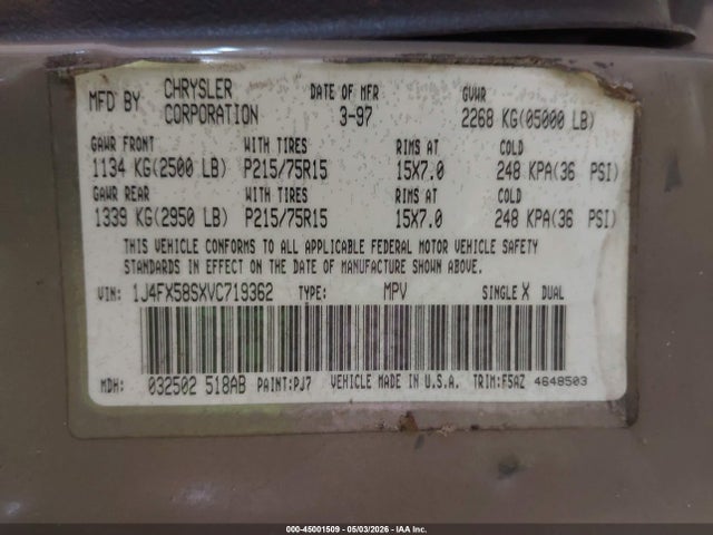 Auction sale of the 1997 Jeep Grand Cherokee Laredo/tsi, vin: 1J4FX58SXVC719362, lot number: 45001509