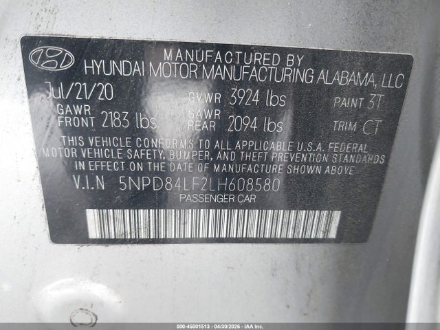 Продаж на аукціоні авто 2020 Hyundai Elantra Limited, vin: 5NPD84LF2LH608580, номер лоту: 45001513