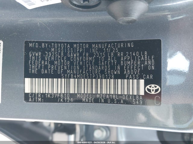 45001521 :رقم المزاد ، 5YFB4MDE5TP390128 vin ، 2026 Toyota Corolla Le مزاد بيع