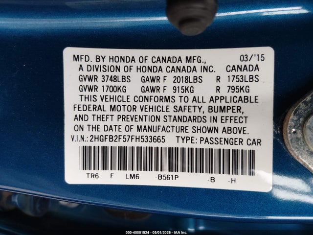 Honda Civic Lx 2015 2HGFB2F57FH533665 Image 9