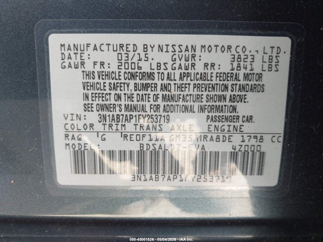 45001526 :رقم المزاد ، 3N1AB7AP1FY253719 vin ، 2015 Nissan Sentra Fe+ S/s/sl/sr/sv مزاد بيع