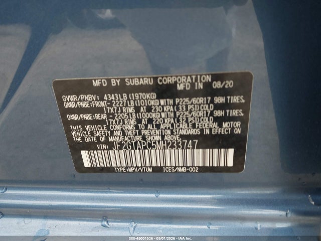 Продаж на аукціоні авто 2021 Subaru Crosstrek Premium, vin: JF2GTAPC5MH233747, номер лоту: 45001536