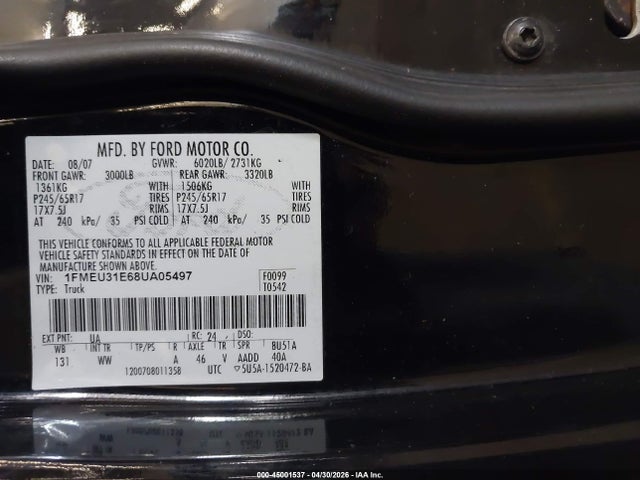Aukcja sprzedaży 2008 Ford Explorer Sport Trac Xlt, vin: 1FMEU31E68UA05497, numer aukcji: 45001537