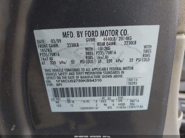 Продажа на аукционе авто 2009 Ford Escape Xls/xls Manual, vin: 1FMCU02759KB94310, номер лота: 45001555