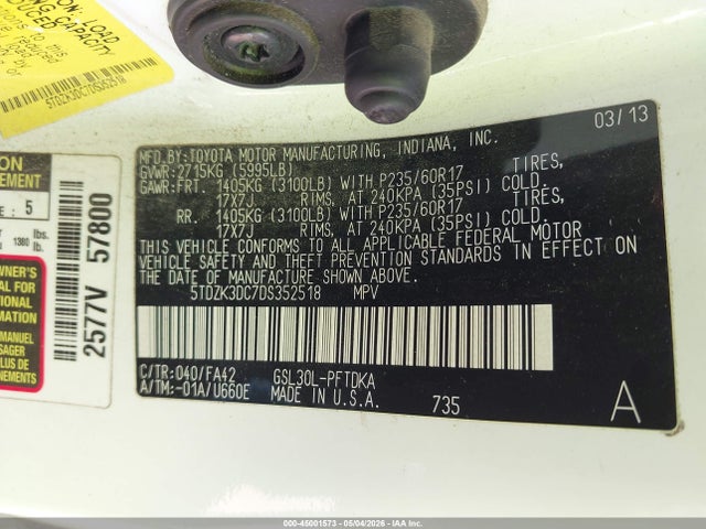 45001573 :رقم المزاد ، 5TDZK3DC7DS352518 vin ، 2013 Toyota Sienna L V6 7 Passenger مزاد بيع