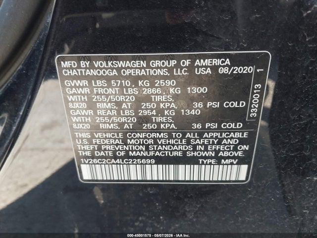 2020 Volkswagen Atlas Cross Sport 2.0t Se W/technology/2.0t Se W/technology R-line მანქანა იყიდება აუქციონზე, vin: 1V26C2CA4LC225699, აუქციონის ნომერი: 45001575
