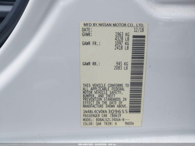 1N4BL4CV0KN309655 Nissan Altima 2.5 Sr
