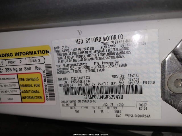 Продажа на аукционе авто 2016 Ford Fusion Hybrid Se, vin: 3FA6P0LU4GR329420, номер лота: 45001591