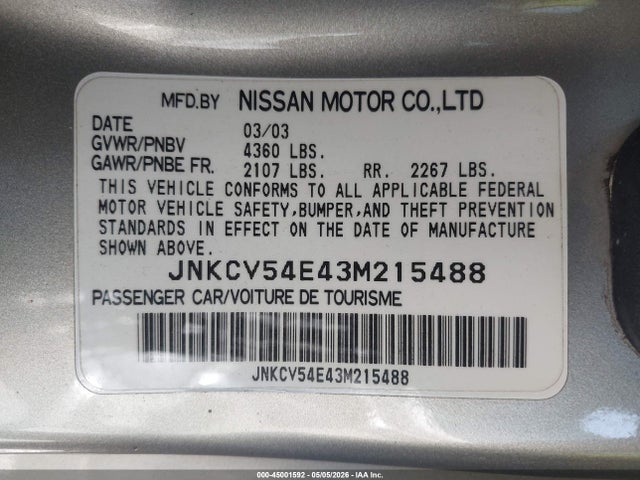 2003 Infiniti G35 Base W/leather მანქანა იყიდება აუქციონზე, vin: JNKCV54E43M215488, აუქციონის ნომერი: 45001592