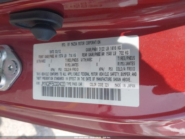 Auction sale of the 2012 Mazda Mx-5 Miata Grand Touring, vin: JM1NC2PF5C0224033, lot number: 45001608