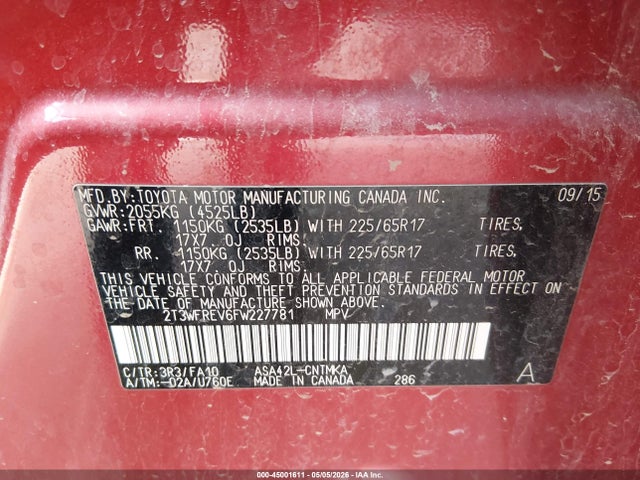 Aukcja sprzedaży 2015 Toyota Rav4 Xle, vin: 2T3WFREV6FW227781, numer aukcji: 45001611