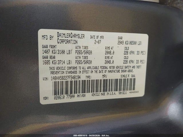 Aukcja sprzedaży 2007 Chrysler Aspen Limited, vin: 1A8HX58227F548194, numer aukcji: 45001615