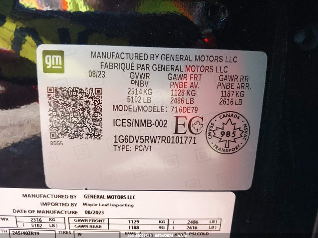 2024 Cadillac Ct5-v V-series მანქანა იყიდება აუქციონზე, vin: 1G6DV5RW7R0101771, აუქციონის ნომერი: 45001619