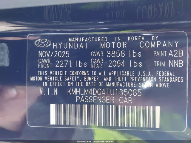 2026 Hyundai Elantra Sel Sport მანქანა იყიდება აუქციონზე, vin: KMHLM4DG4TU135085, აუქციონის ნომერი: 45001623