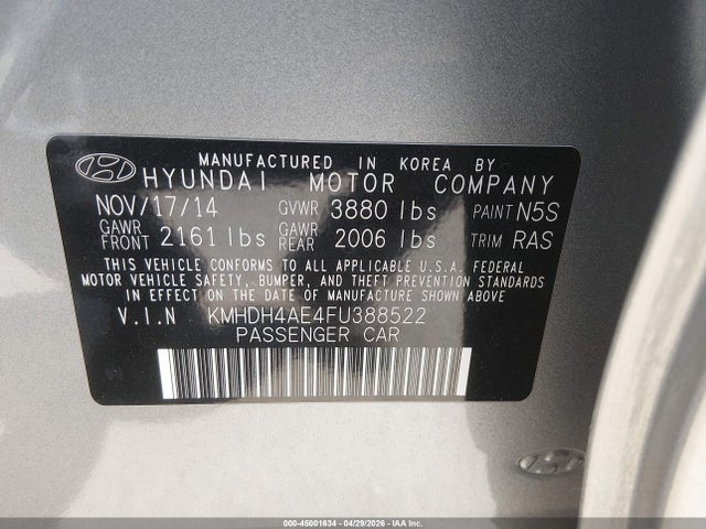 2015 Hyundai Elantra Se მანქანა იყიდება აუქციონზე, vin: KMHDH4AE4FU388522, აუქციონის ნომერი: 45001634