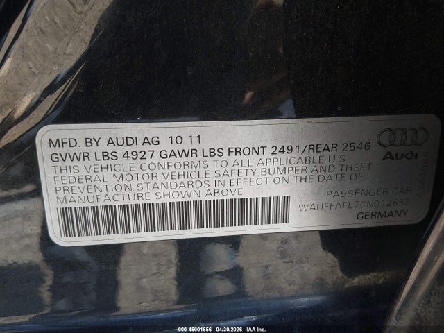 45001656 :رقم المزاد ، WAUFFAFL7CN012652 vin ، 2012 Audi A4 2.0t Premium مزاد بيع