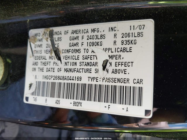 2008 Honda Accord 2.4 Ex-l მანქანა იყიდება აუქციონზე, vin: 1HGCP26848A044169, აუქციონის ნომერი: 45001673