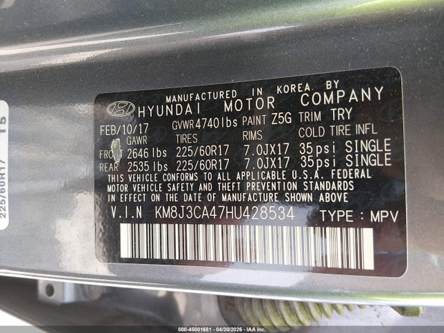 45001681 :رقم المزاد ، KM8J3CA47HU428534 vin ، 2017 Hyundai Tucson Se Plus مزاد بيع