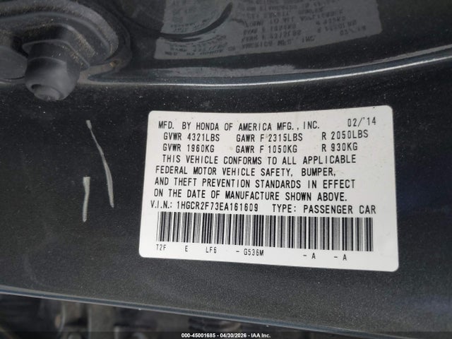Aukcja sprzedaży 2014 Honda Accord Ex, vin: 1HGCR2F73EA161609, numer aukcji: 45001685