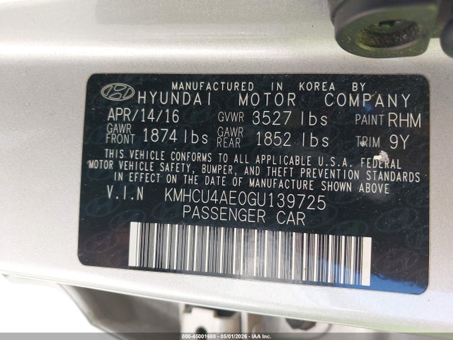 2016 Hyundai Accent Se მანქანა იყიდება აუქციონზე, vin: KMHCU4AE0GU139725, აუქციონის ნომერი: 45001688