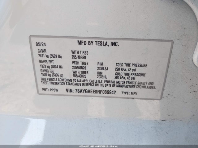 Продаж на аукціоні авто 2024 Tesla Model Y Long Range Dual Motor All-wheel Drive, vin: 7SAYGAEE8RF089942, номер лоту: 45001690