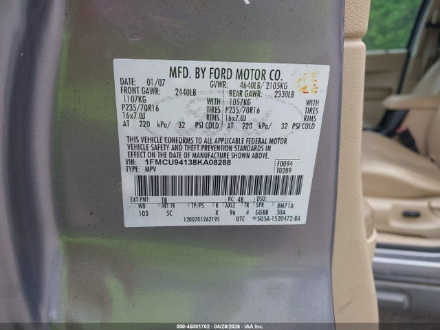 2008 Ford Escape Limited მანქანა იყიდება აუქციონზე, vin: 1FMCU94138KA08288, აუქციონის ნომერი: 45001702