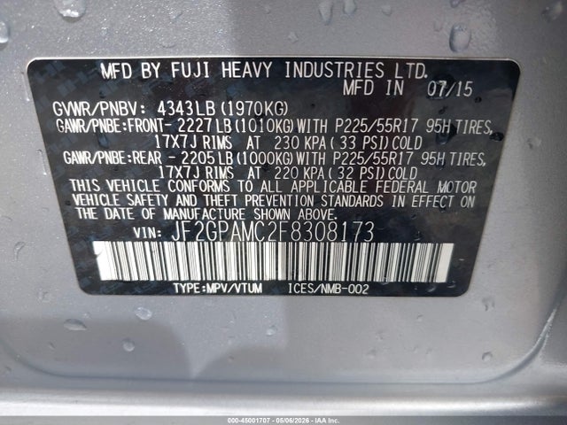 2015 Subaru Xv Crosstrek 2.0i Limited მანქანა იყიდება აუქციონზე, vin: JF2GPAMC2F8308173, აუქციონის ნომერი: 45001707