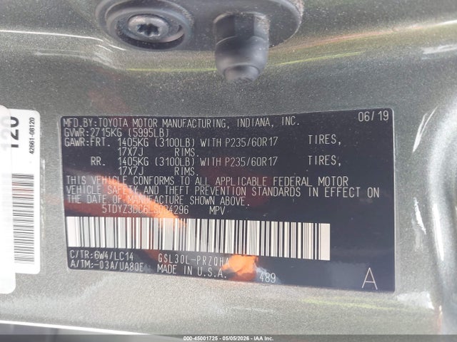 45001725 :رقم المزاد ، 5TDYZ3DC6LS034296 vin ، 2020 Toyota Sienna Xle مزاد بيع